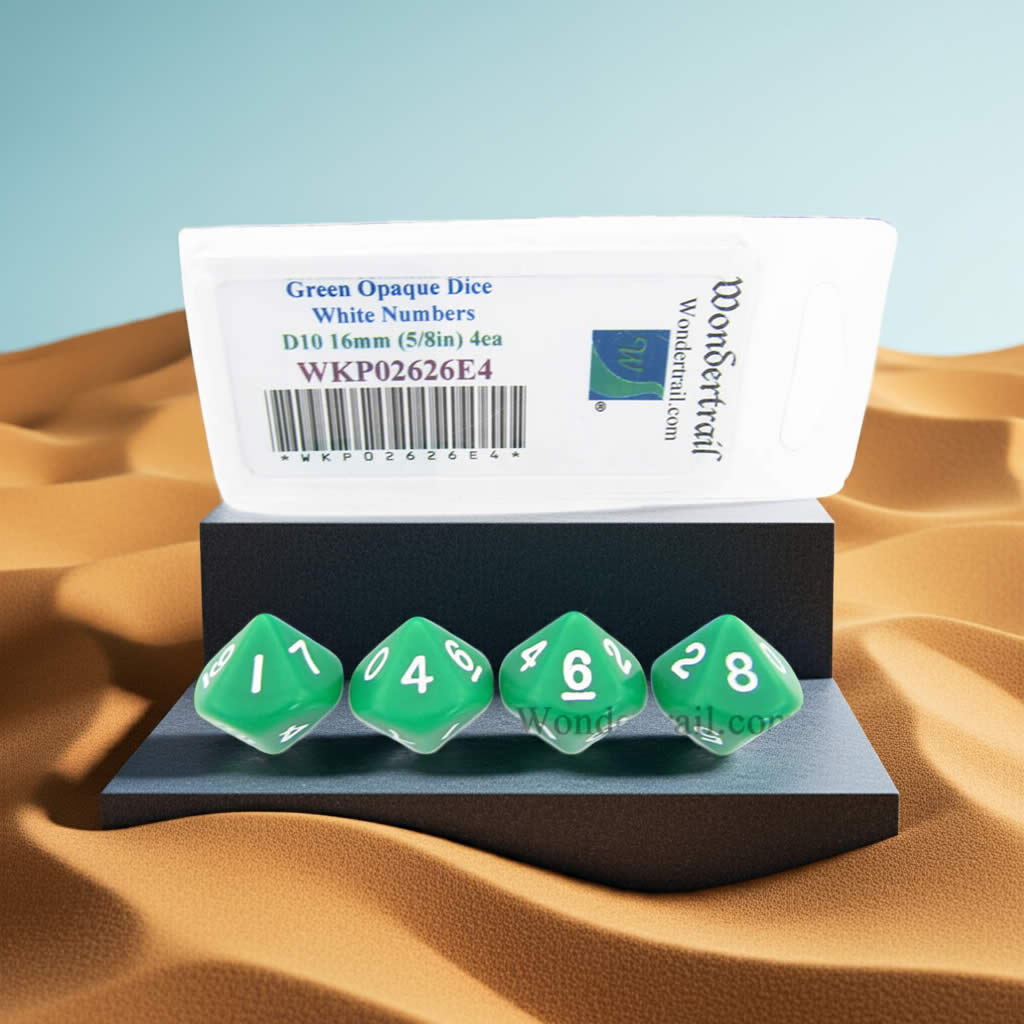 WKP02626E4 Green Opaque Dice with White Numbers D10 16mm (5/8in) Pack of 4 Dice