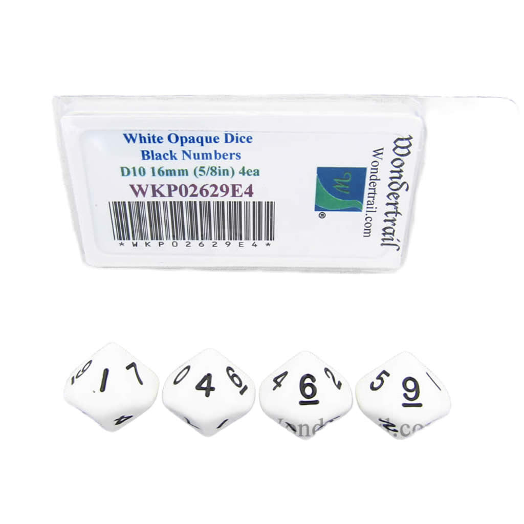 WKP02629E4 White Opaque Dice with Black Numbers D10 16mm (5/8in) Pack of 4 Dice