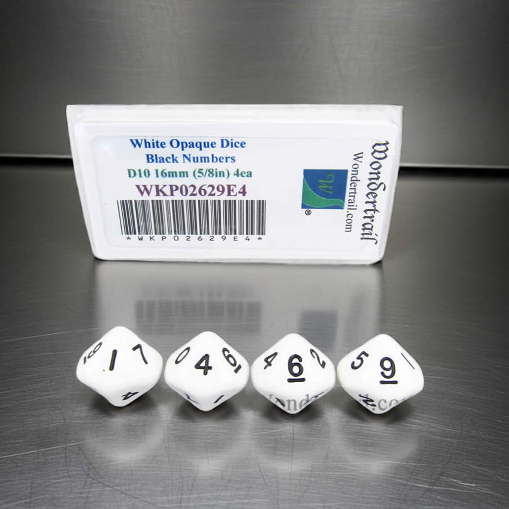 WKP02629E4 White Opaque Dice with Black Numbers D10 16mm (5/8in) Pack of 4 Dice