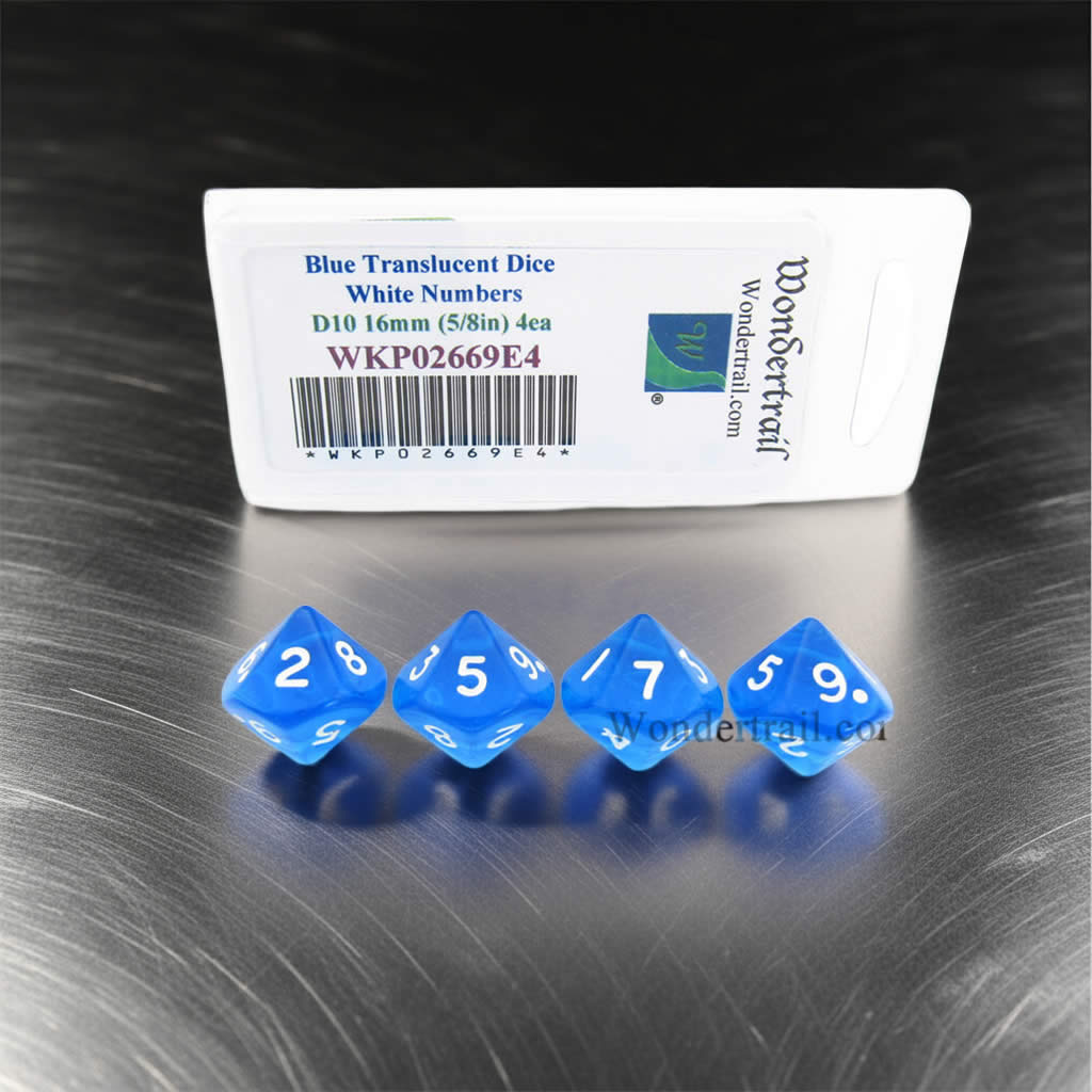 WKP02669E4 Blue Transparent Dice with White Numbers D10 16mm (5/8in) Pack of 4 Dice