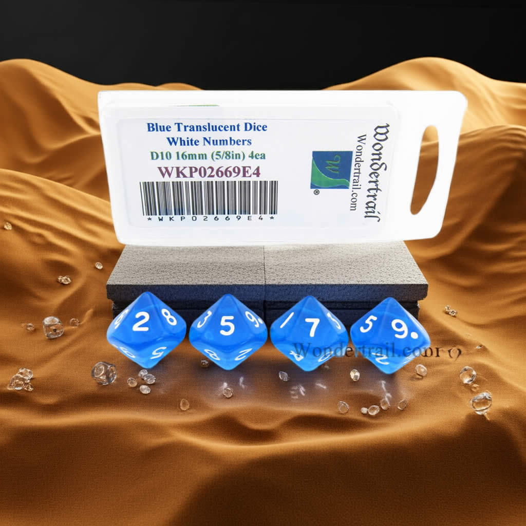 WKP02669E4 Blue Transparent Dice with White Numbers D10 16mm (5/8in) Pack of 4 Dice