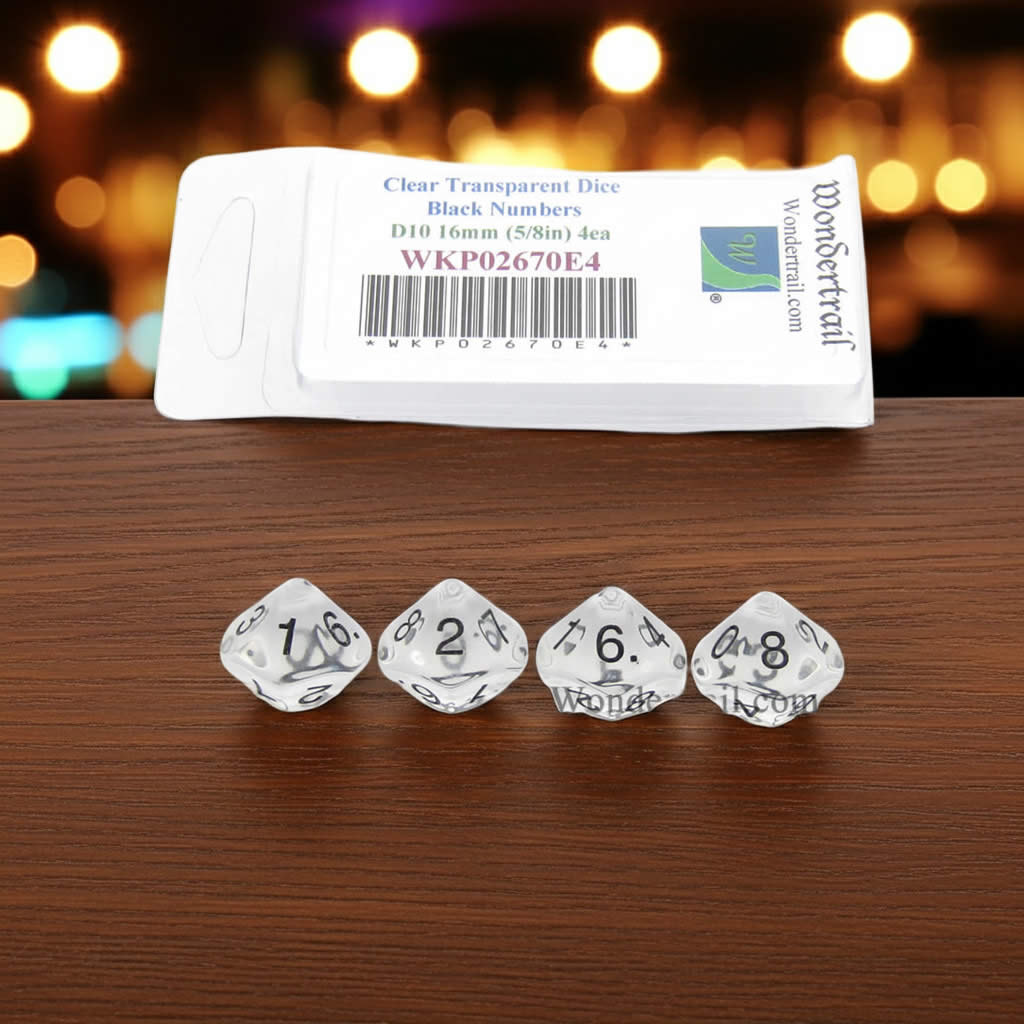 WKP02670E4 Clear Transparent Dice with Black Numbers D10 16mm (5/8in) Pack of 4 Dice