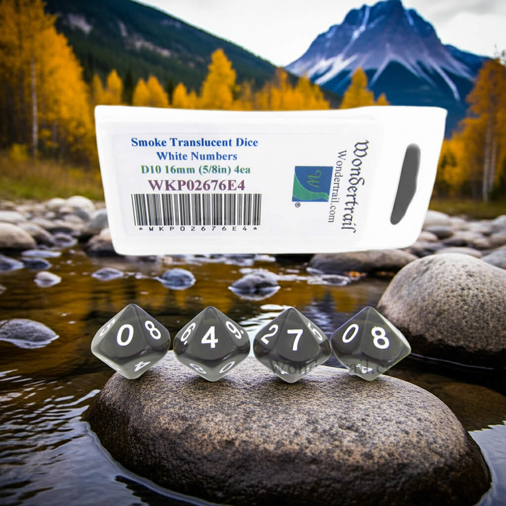 WKP02676E4 Smoke Transparent Dice with White Numbers D10 16mm (5/8in) Pack of 4 Dice