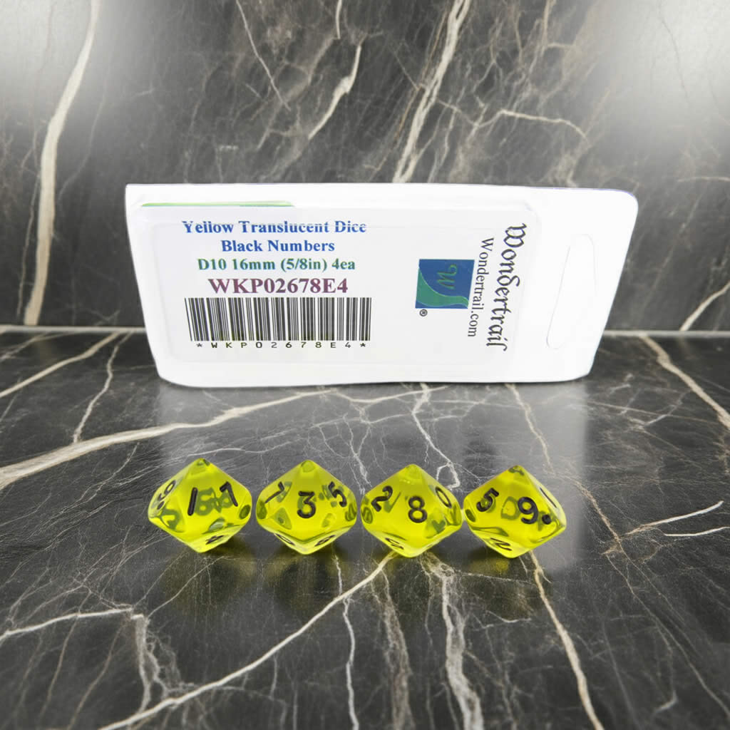 WKP02678E4 Yellow Transparent Dice with Black Numbers D10 16mm (5/8in) Pack of 4 Dice