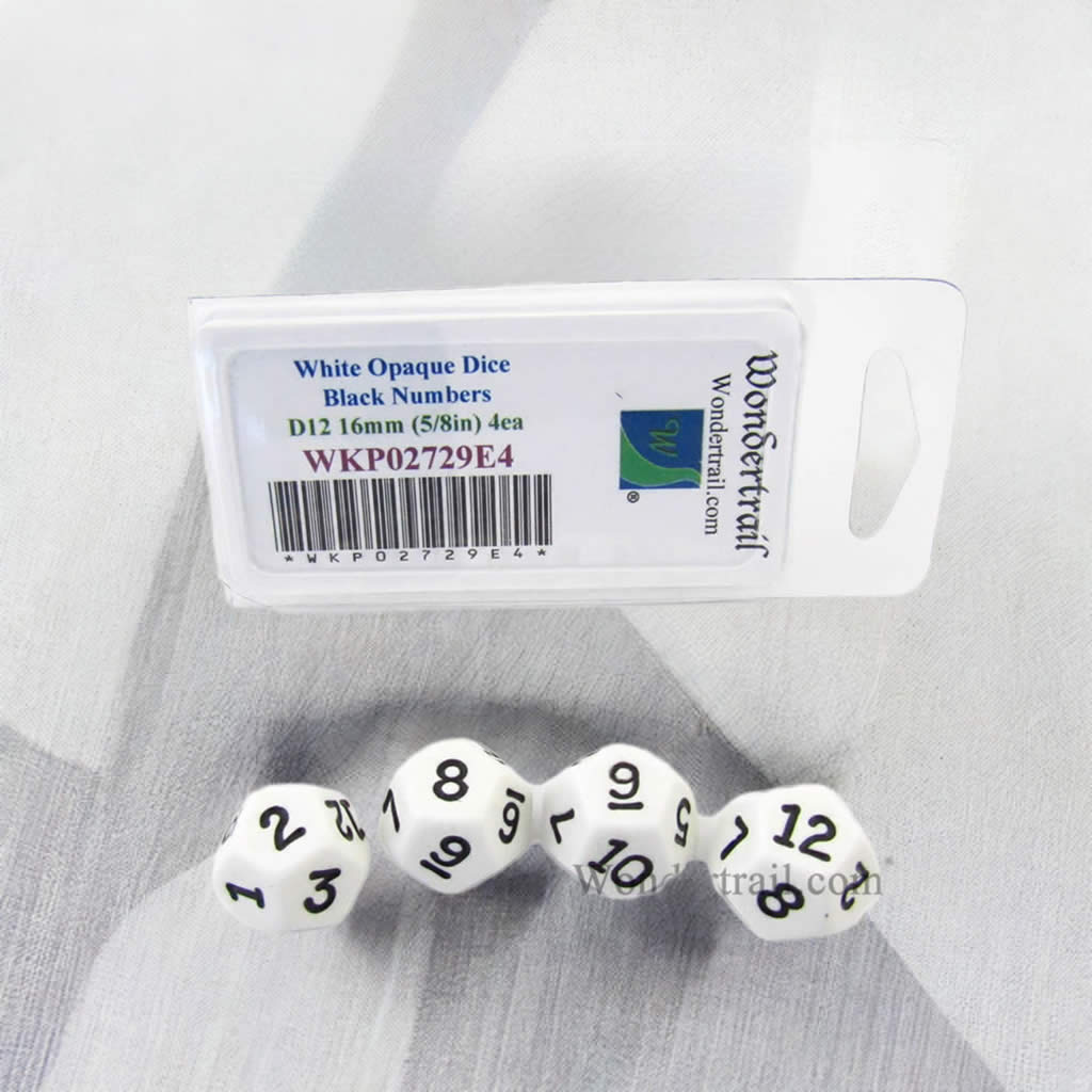 WKP02729E4 White Opaque Dice Black Numbers D12 16mm Pack of 4