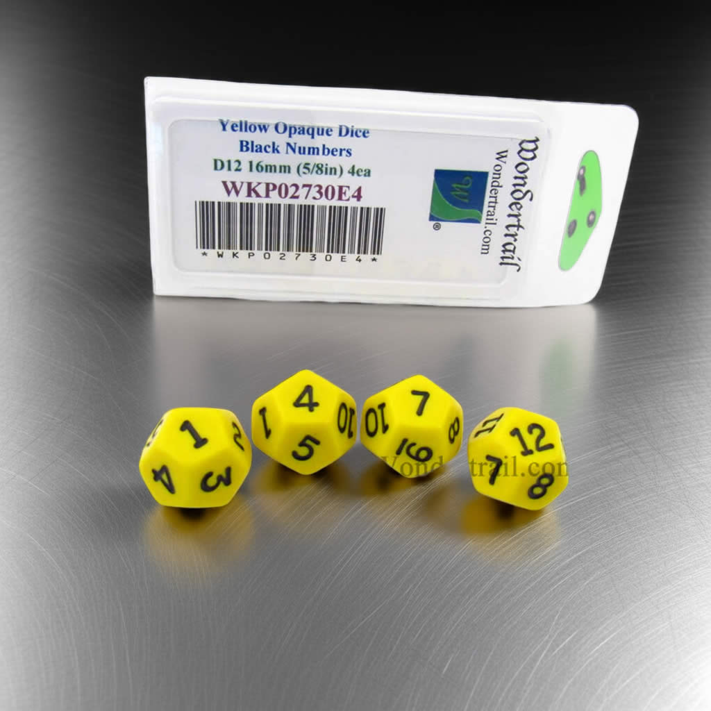 WKP02730E4 Yellow Opaque Dice Black Numbers D12 16mm Pack of 4