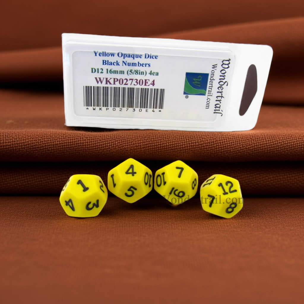 WKP02730E4 Yellow Opaque Dice Black Numbers D12 16mm Pack of 4