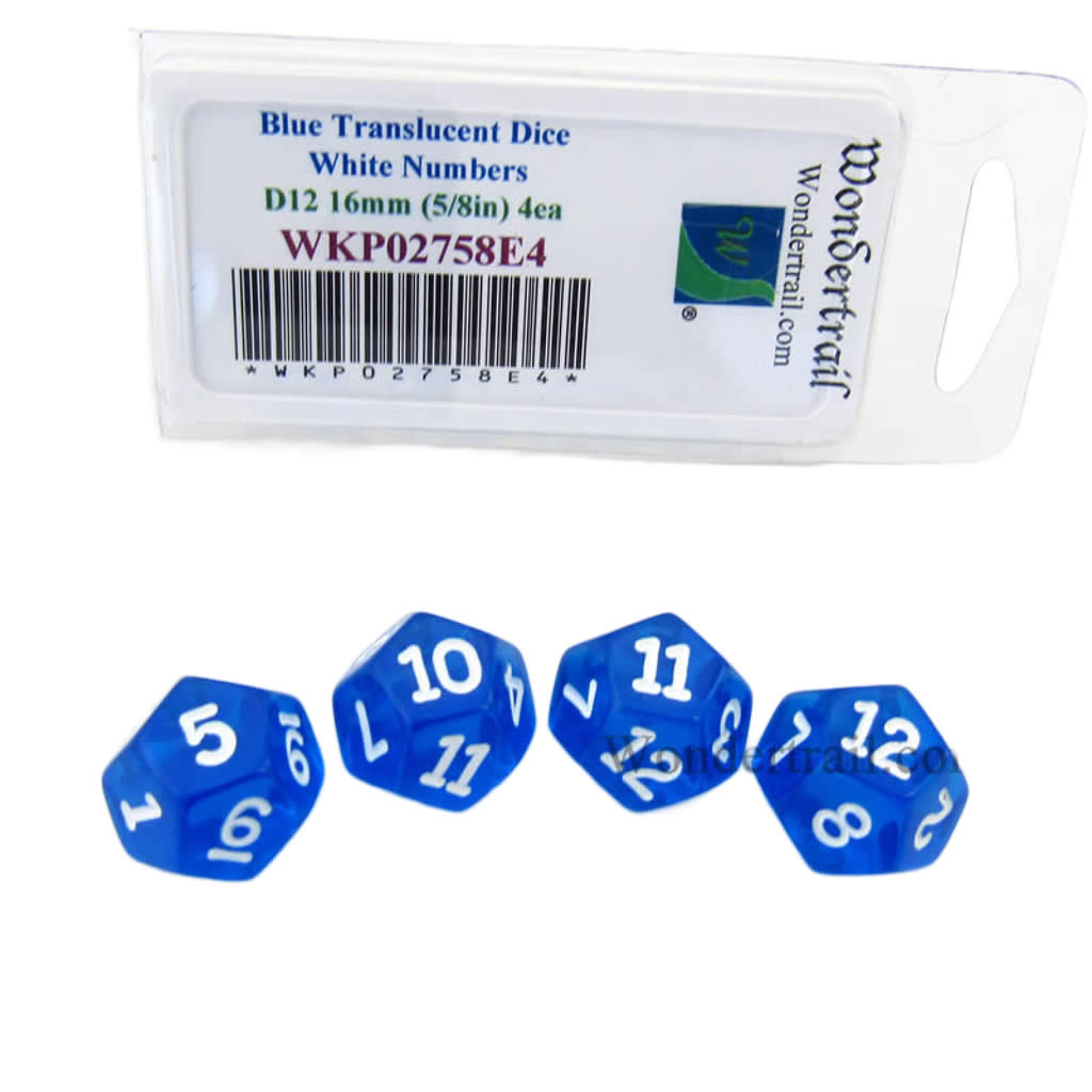 WKP02758E4 Blue Transparent Dice with White Numbers D12 16mm (5/8in) Pack of 4 Dice