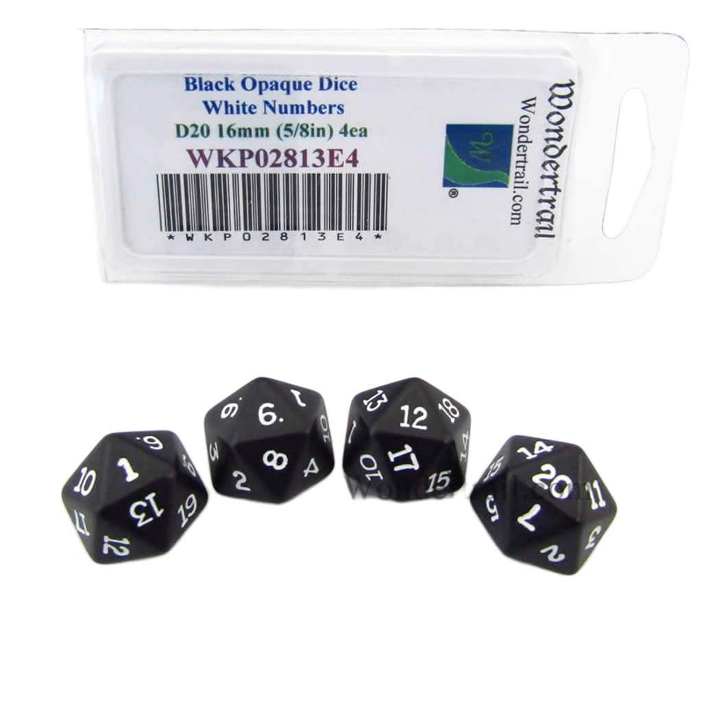 WKP02813E4 Black Opaque Dice White Numbers D20 16mm Pack of 4