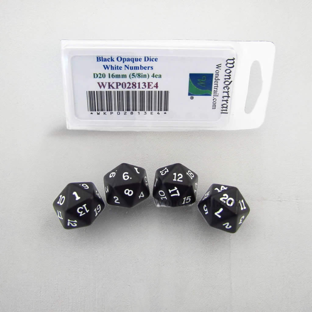 WKP02813E4 Black Opaque Dice White Numbers D20 16mm Pack of 4