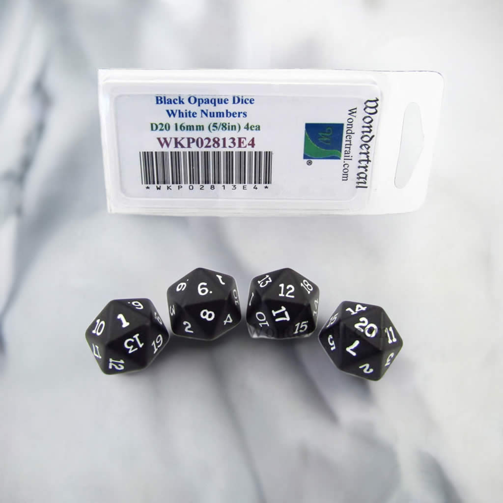 WKP02813E4 Black Opaque Dice White Numbers D20 16mm Pack of 4