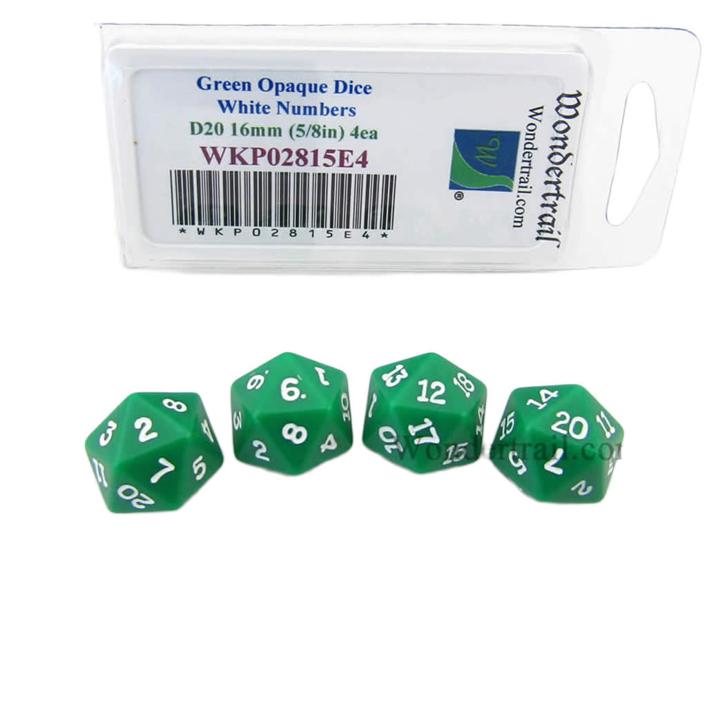 WKP02815E4 Green Opaque Dice with White Numbers D20 16mm (5/8in) Pack of 4 Dice