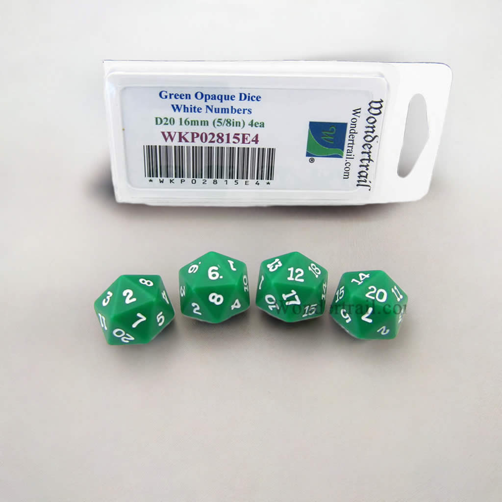 WKP02815E4 Green Opaque Dice with White Numbers D20 16mm (5/8in) Pack of 4 Dice
