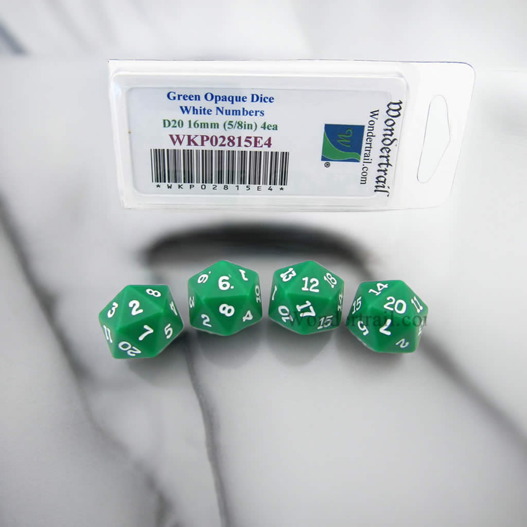 WKP02815E4 Green Opaque Dice with White Numbers D20 16mm (5/8in) Pack of 4 Dice