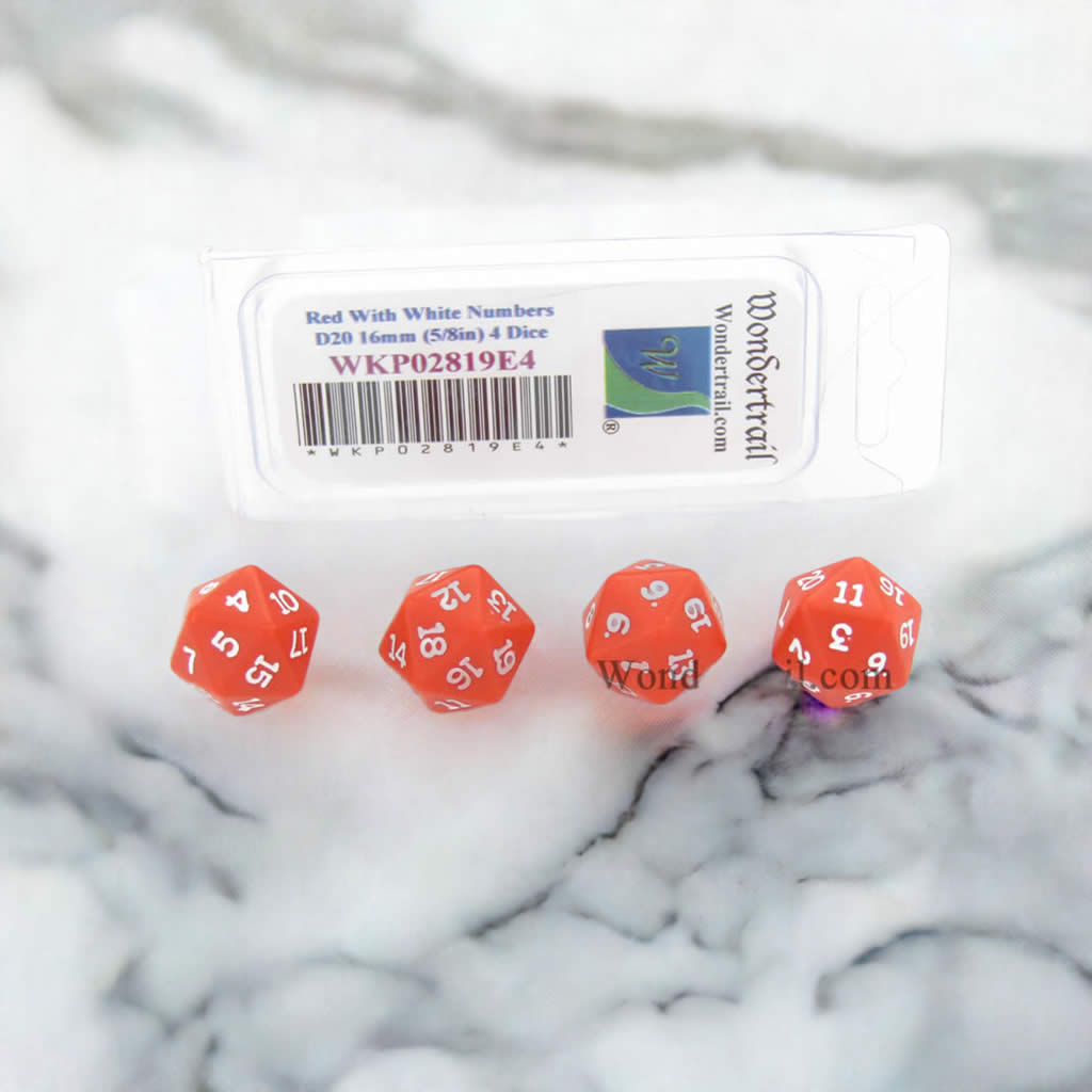 WKP02819E4 Red Opaque Dice with White Numbers D20 16mm (5/8in) Pack of 4 Dice