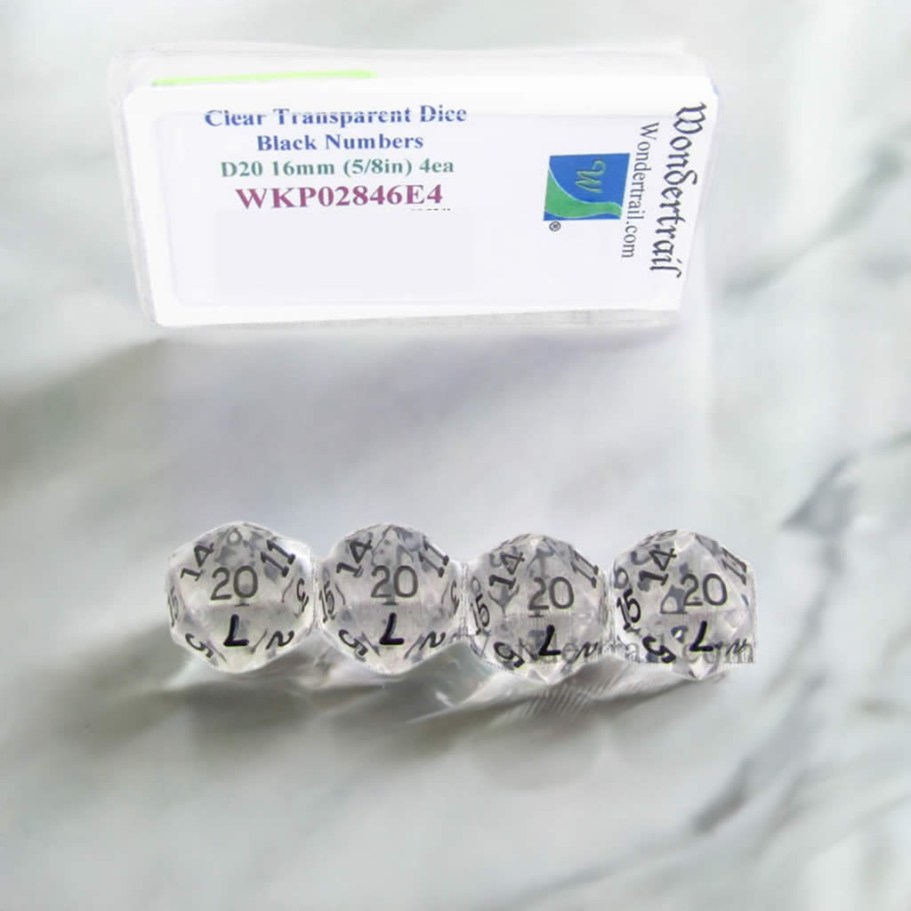 WKP02846E4 Clear Transparent Dice Black Numbers D20 16mm Pack of 4