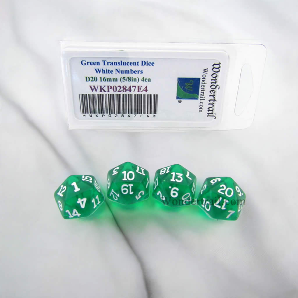 WKP02847E4 Green Transparent Dice White Numbers D20 16mm Pack of 4