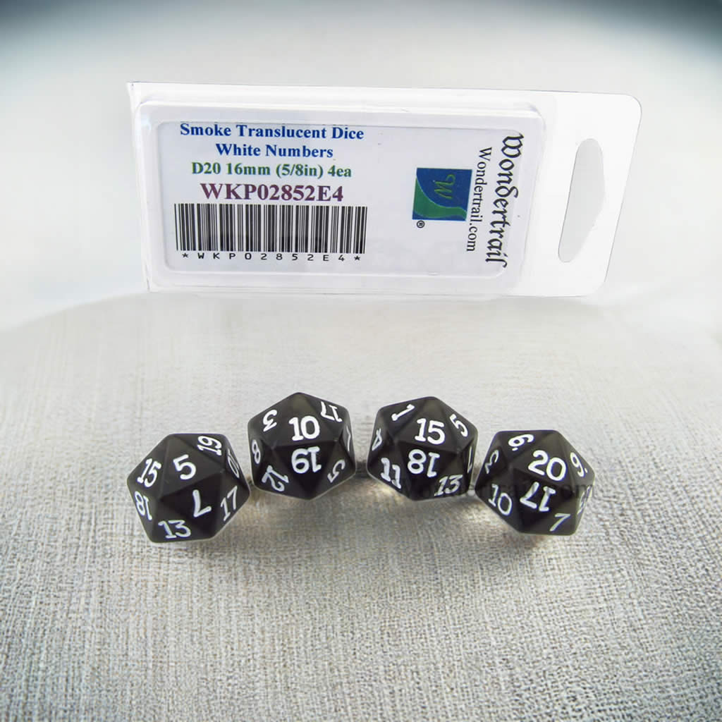 WKP02852E4 Smoke Transparent Dice White Numbers D20 16mm Pack of 4