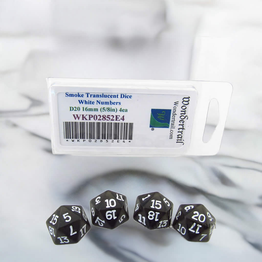 WKP02852E4 Smoke Transparent Dice White Numbers D20 16mm Pack of 4