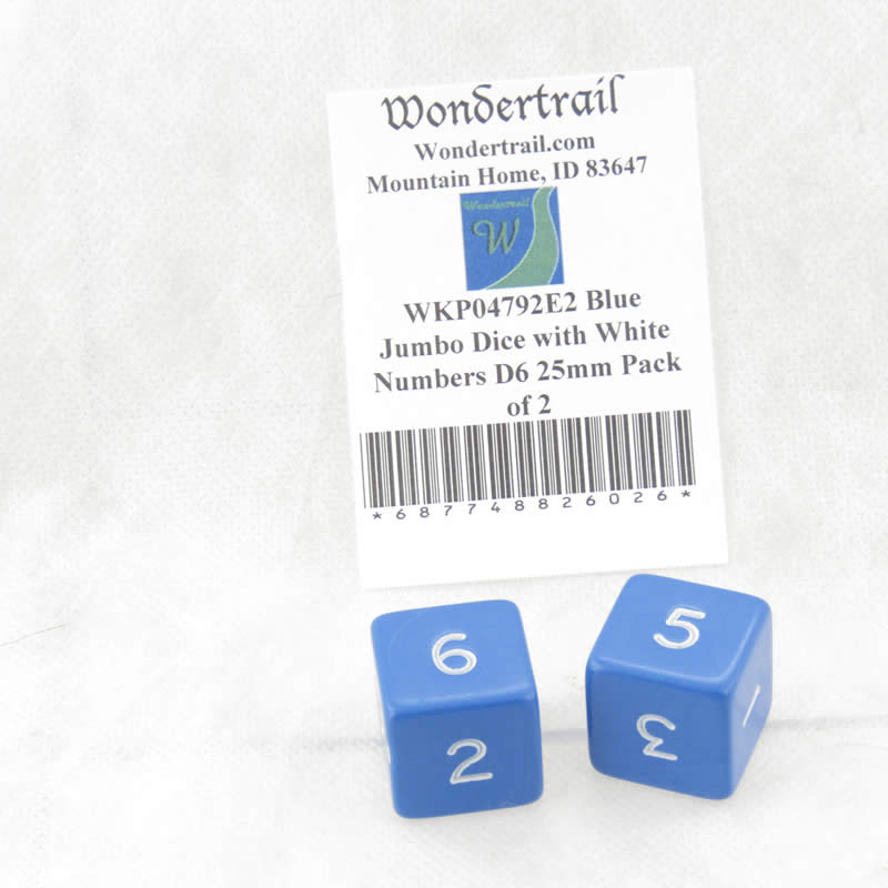 WKP04792E2 Blue Jumbo Dice with White Numbers D6 25mm Pack of 2