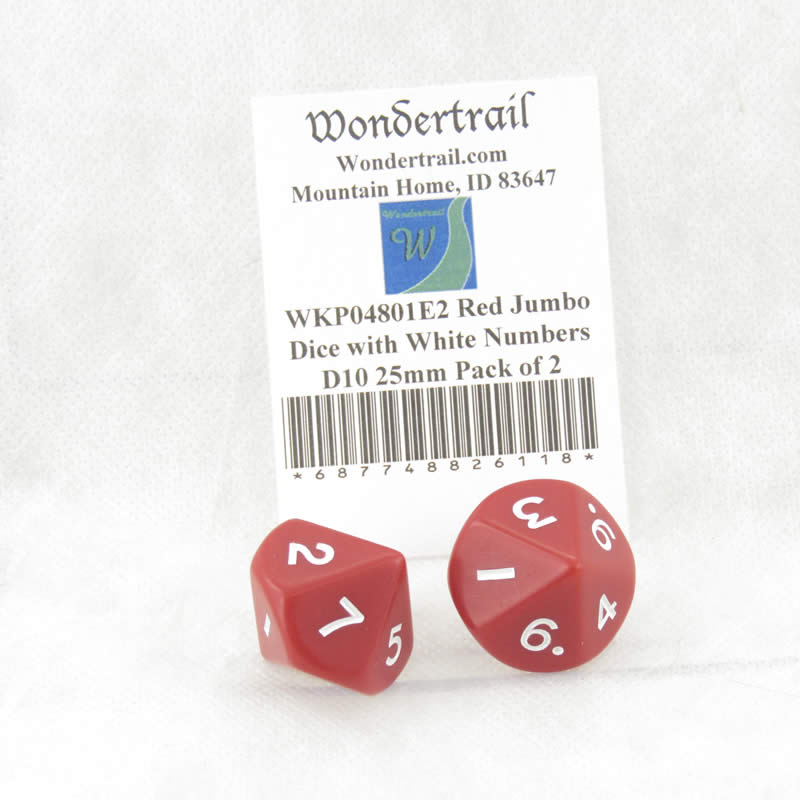 WKP04801E2 Red Jumbo Dice with White Numbers D10 25mm Pack of 2