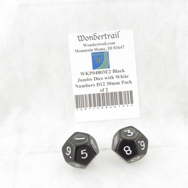 WKP04803E2 Black Jumbo Dice with White Numbers D12 30mm Pack of 2