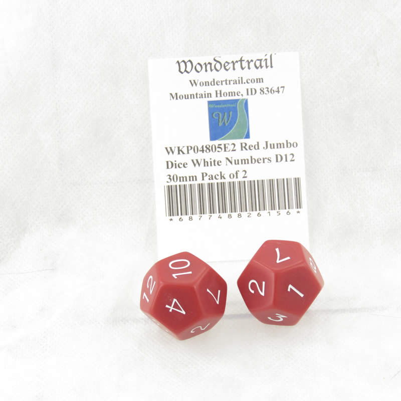 WKP04805E2 Red Jumbo Dice White Numbers D12 30mm Pack of 2