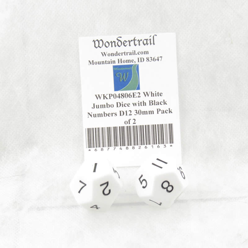 WKP04806E2 White Jumbo Dice with Black Numbers D12 30mm Pack of 2