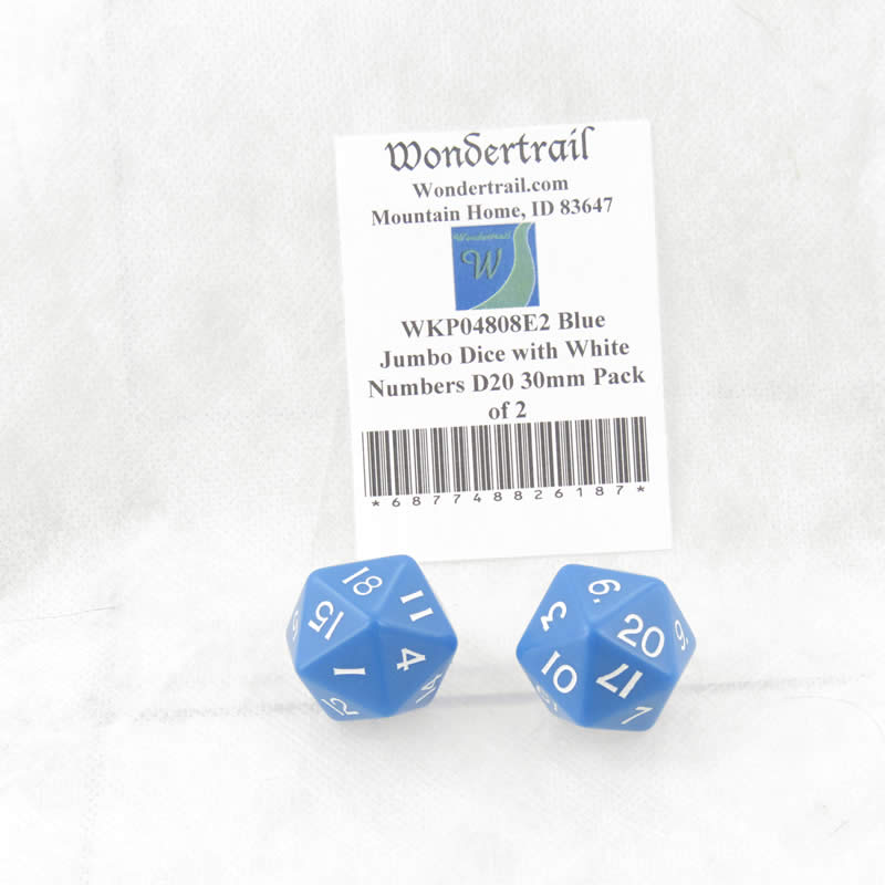 WKP04808E2 Blue Jumbo Dice with White Numbers D20 30mm Pack of 2
