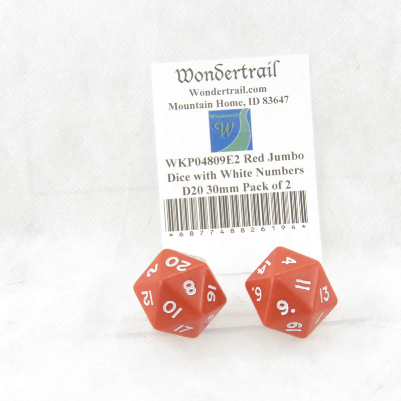 WKP04809E2 Red Jumbo Dice with White Numbers D20 30mm Pack of 2