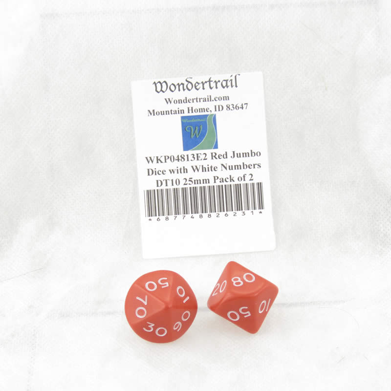 WKP04813E2 Red Jumbo Dice with White Numbers DT10 25mm Pack of 2