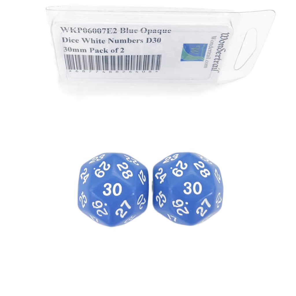 WKP06007E2 Blue Opaque Dice with White Numbers D30 30mm (1.18in) Pack of 2 Dice