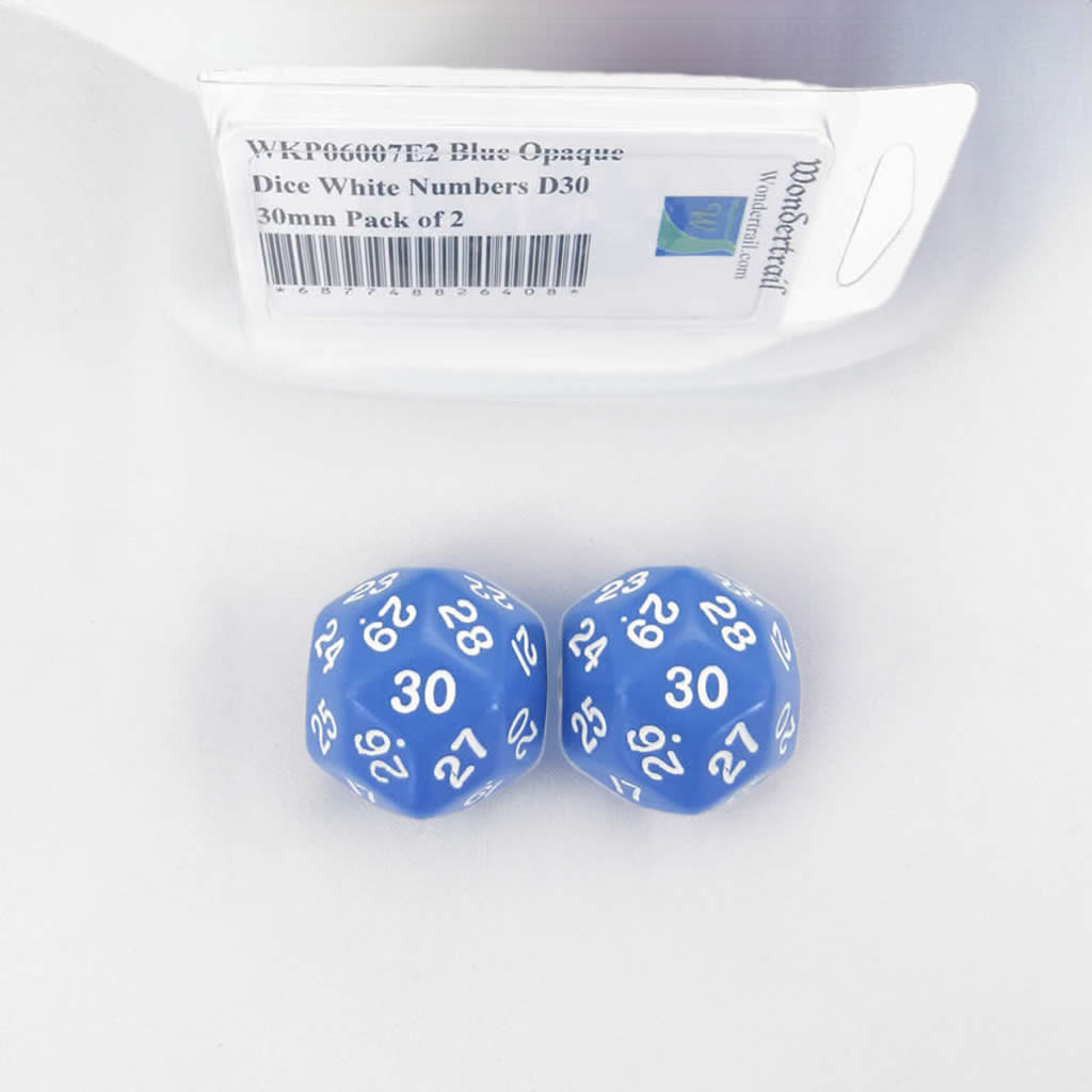 WKP06007E2 Blue Opaque Dice with White Numbers D30 30mm (1.18in) Pack of 2 Dice