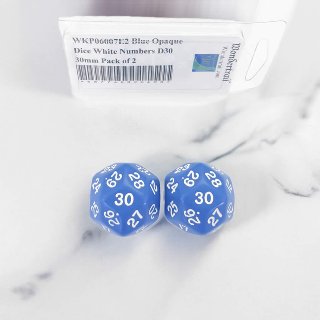 WKP06007E2 Blue Opaque Dice with White Numbers D30 30mm (1.18in) Pack of 2 Dice