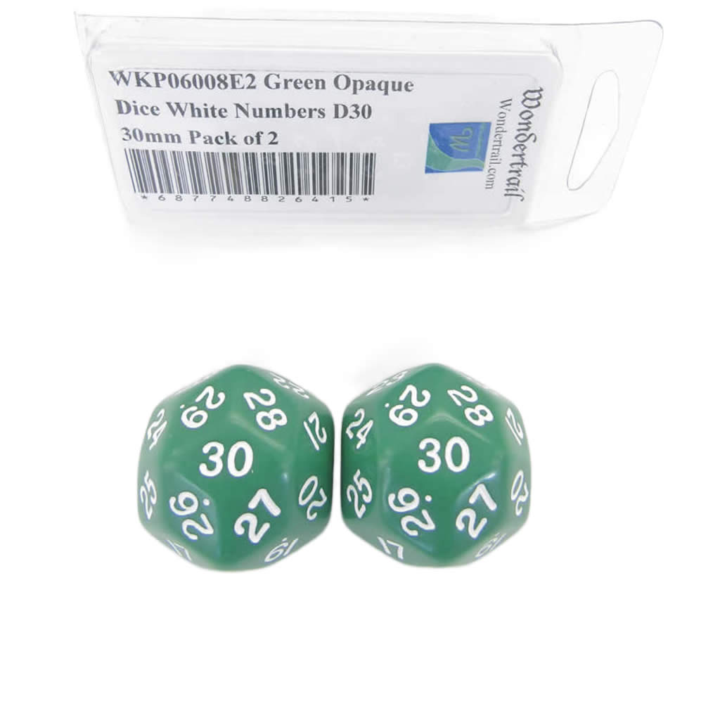 WKP06008E2 Green Opaque Dice White Numbers D30 30mm Pack of 2