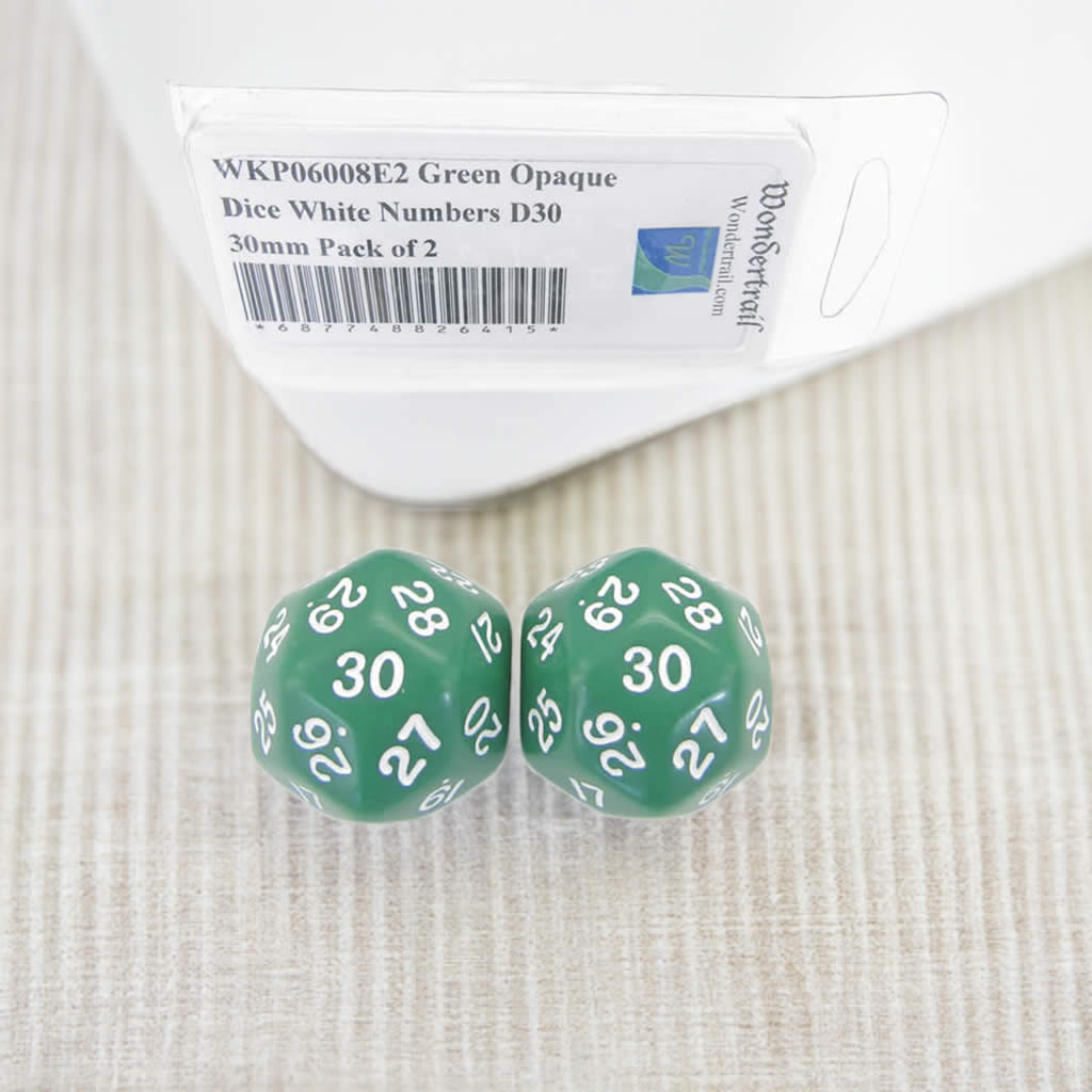 WKP06008E2 Green Opaque Dice White Numbers D30 30mm Pack of 2