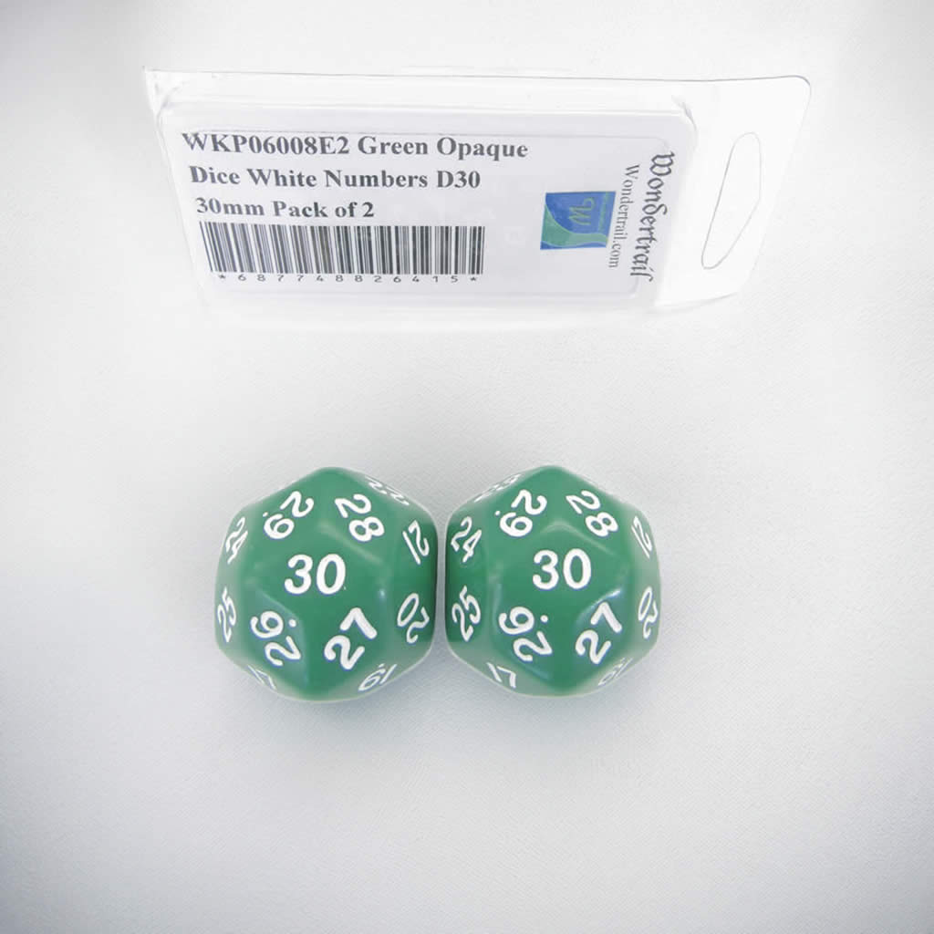 WKP06008E2 Green Opaque Dice White Numbers D30 30mm Pack of 2