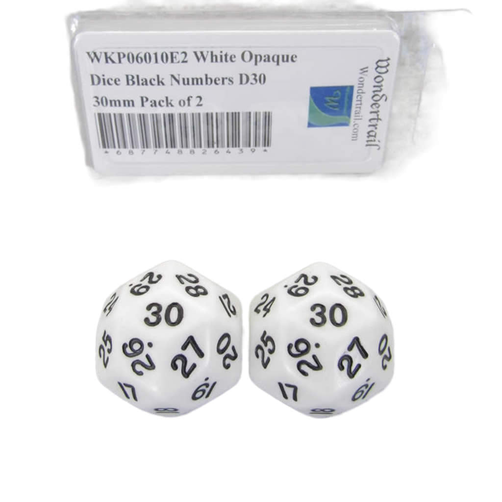 WKP06010E2 White Opaque Dice Black Numbers D30 30mm Pack of 2