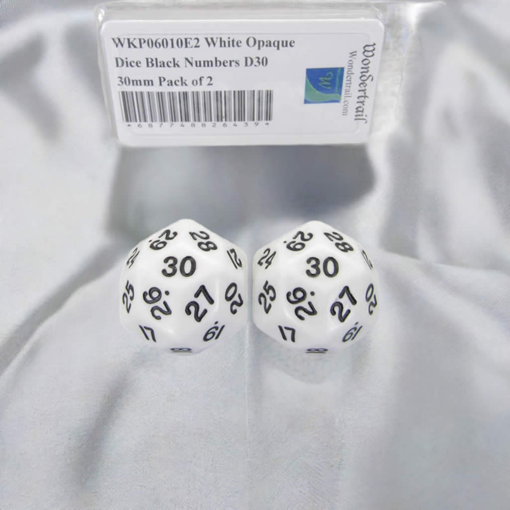WKP06010E2 White Opaque Dice Black Numbers D30 30mm Pack of 2