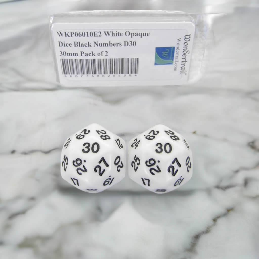 WKP06010E2 White Opaque Dice Black Numbers D30 30mm Pack of 2
