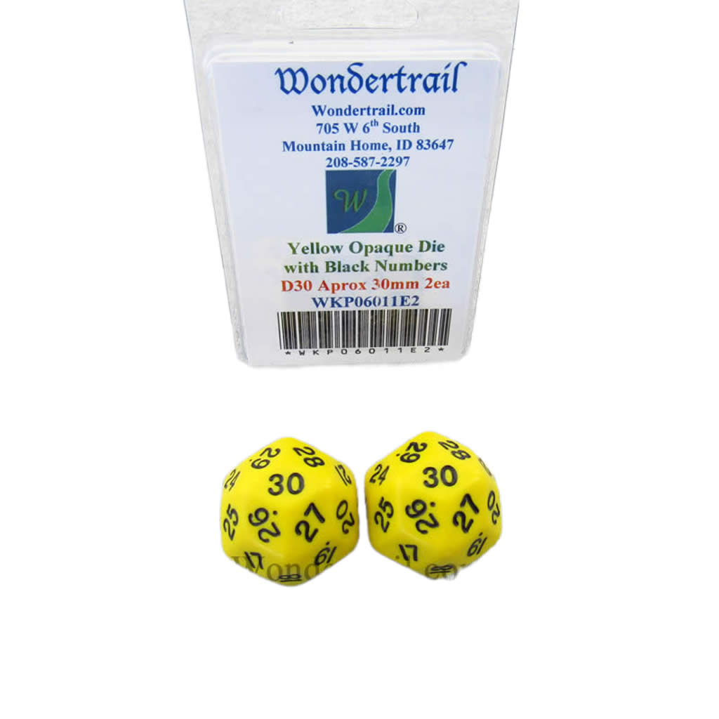 WKP06011E2 Yellow Opaque Dice Black Numbers D30 30mm Pack of 2