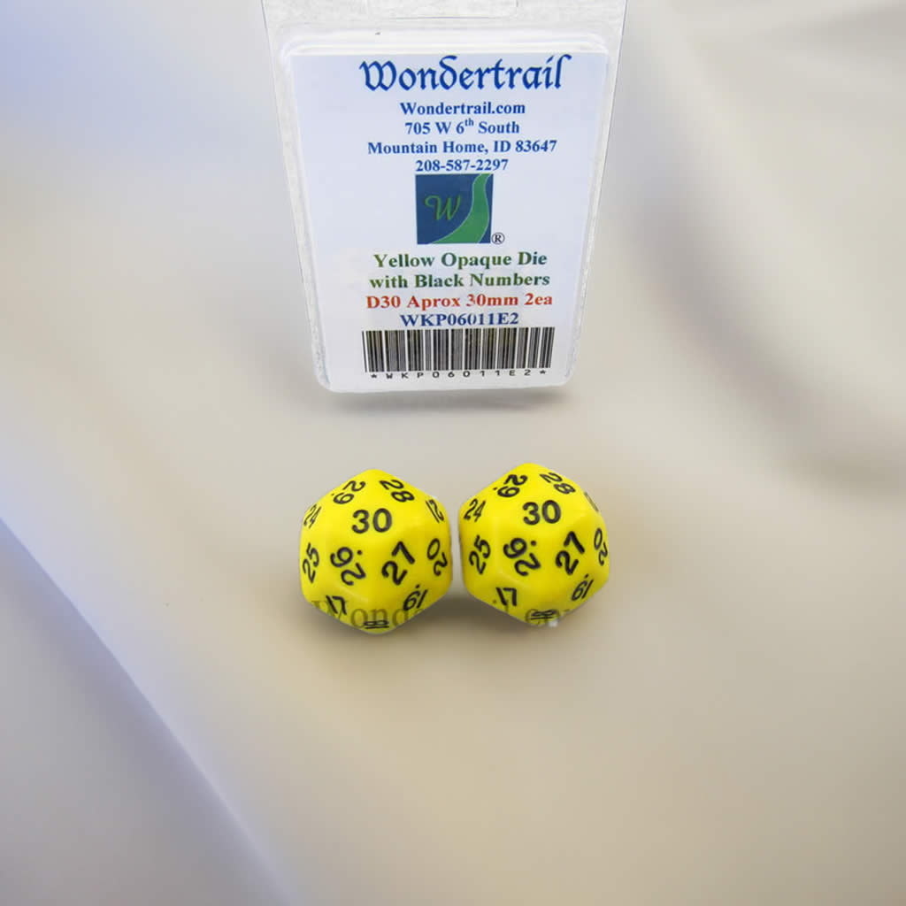 WKP06011E2 Yellow Opaque Dice Black Numbers D30 30mm Pack of 2