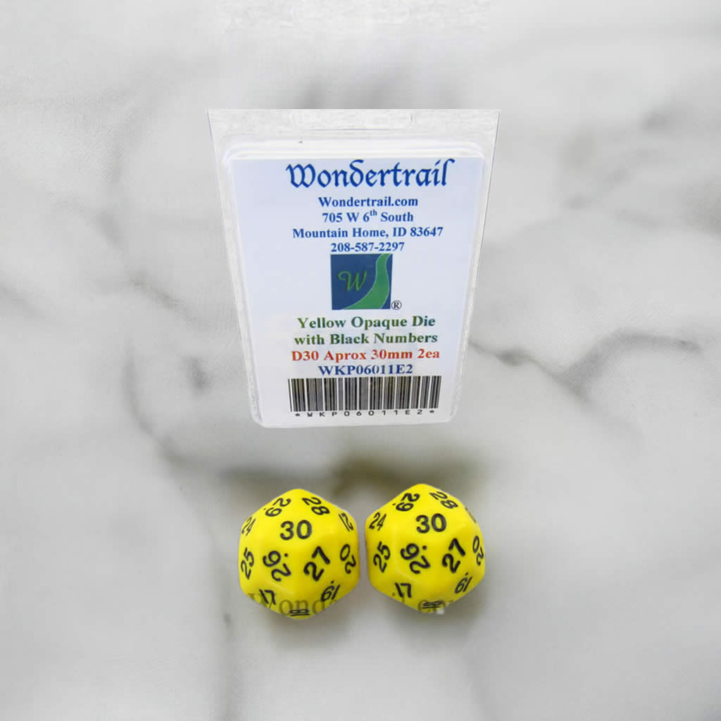 WKP06011E2 Yellow Opaque Dice Black Numbers D30 30mm Pack of 2