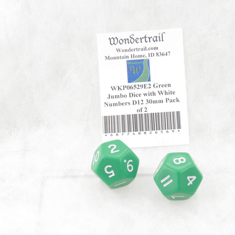 WKP06529E2 Green Jumbo Dice with White Numbers D12 30mm Pack of 2