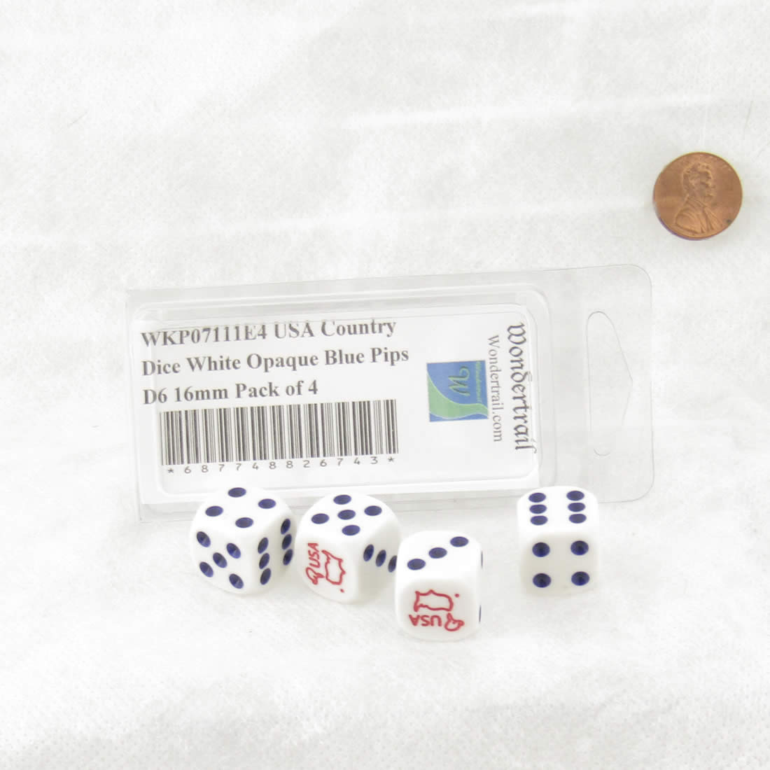 WKP07111E4 USA Country Dice White Opaque Blue Pips D6 16mm Pack of 4