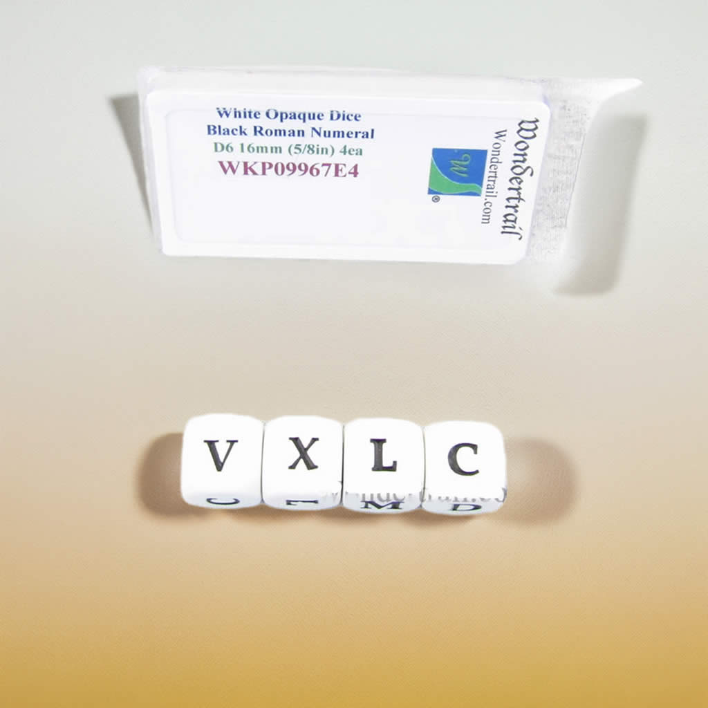 WKP09967E4 White Dice Black Roman Numeral D6 16mm (5/8in) Pack of 4