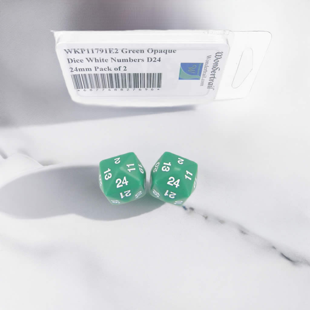 WKP11791E2 Green Opaque Dice White Numbers D24 24mm Pack of 2
