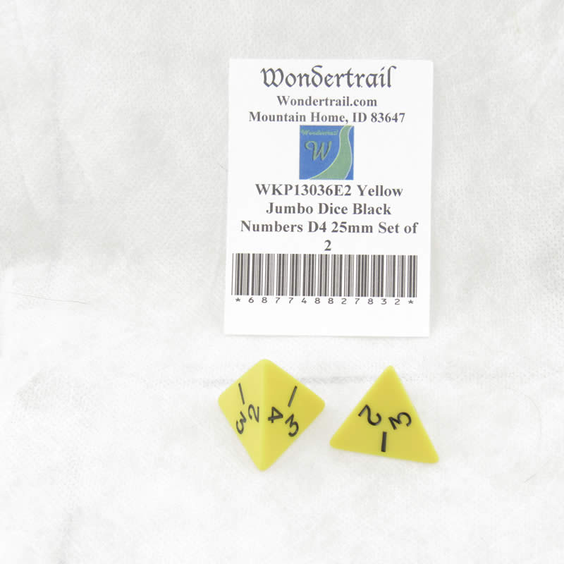 WKP13036E2 Yellow Jumbo Dice Black Numbers D4 25mm Set of 2