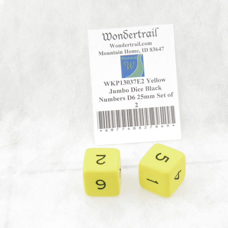 WKP13037E2 Yellow Jumbo Dice Black Numbers D6 25mm Set of 2