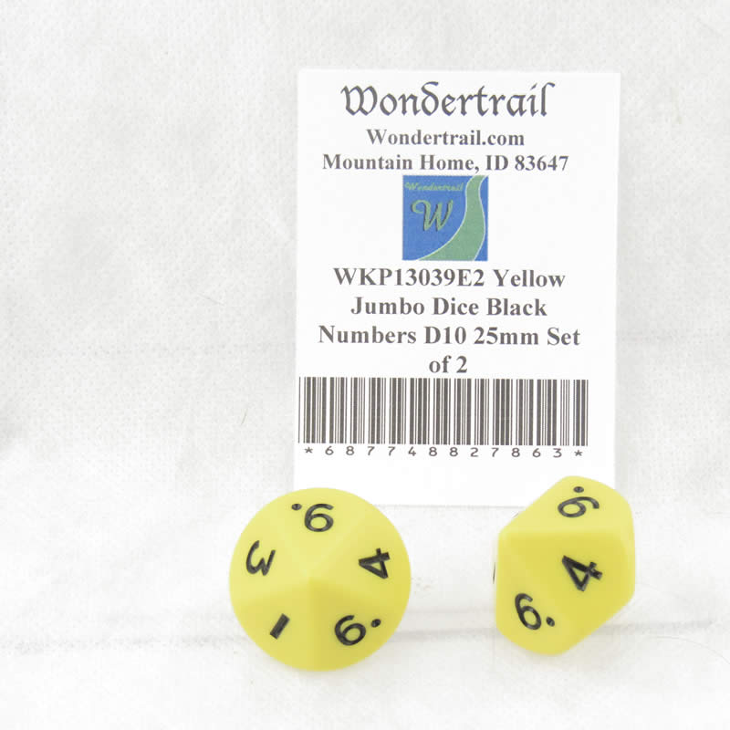 WKP13039E2 Yellow Jumbo Dice Black Numbers D10 25mm Set of 2
